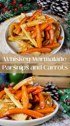 two plates filled with cooked carrots next to pine cones