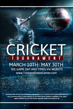 a flyer for a cricket tournament with a man swinging a bat at the ball in mid air