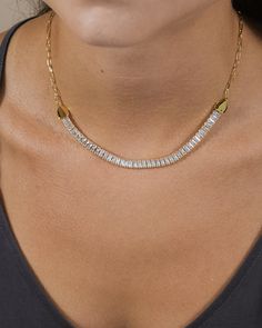 You'll love showing off this shining piece everywhere you go! This elegant necklace is lined with CZ stones and is adjustable for a perfect fit. Available in gold and silver tones. Materials: 14K gold or rhodium plated brass, cubic zirconia Features: Measures 16" with 2" extender, 6" CZ accent, 5.75x2.5mm CZ stones, Lead & Nickel free, lobster clasp Elegant Necklace, Tennis Necklace, How To Show Love, Elegant Necklaces, Cz Stone, Gold And Silver, Rhodium Plated, Silver Necklaces, Beautiful Necklaces