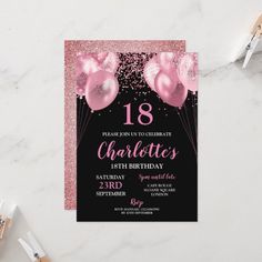 a pink and black 18th birthday party card with balloons on the front, confetti in the background