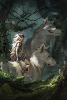 a woman riding on the back of a white wolf next to a forest filled with trees