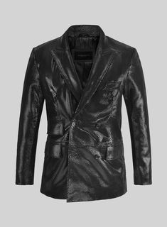 StudioSuits- Snake Emboss Black Leather Blazer Elegant Black Leather Jacket For Formal Occasions, Luxury Long Sleeve Leather Jacket For Party, Designer Double-breasted Leather Jacket For Formal Occasions, Luxury Double-breasted Leather Jacket For Formal Occasions, Luxury Leather Jacket For Formal Occasions, Formal Black Single Breasted Leather Jacket, Luxury Double-breasted Leather Jacket For Business, Elegant Double-breasted Leather Jacket For Formal Occasions, Formal Black Single-breasted Leather Jacket