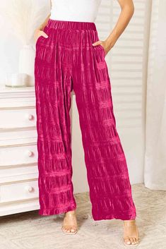 Double Take Full Size High Waist Tiered Shirring Velvet Wide Leg Pants Velvet Wide Leg Pants, Curve Model, Office Look, Maxi Dress Cocktail, Chic Office, Pants With Pockets, Baywatch, Maxi Dress Formal, Velvet Pants