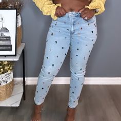 These are jeans with colored gems attached to them. Jeans do stretch. Model is wearing a small Diamond Jeans, Colored Gems, Denim Jeans, Gems, Couture, How To Wear, Color