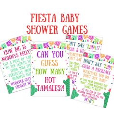 three baby shower games with cactus designs and words on the front, one saying fiesta baby shower games