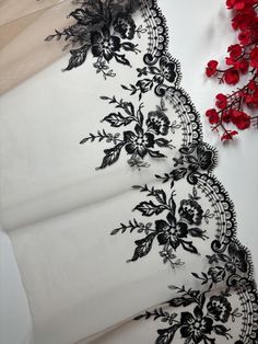 Top-quality embroidered mesh lace trim with a pretty black  floral design. The tulle base has a beige color. Nonelastic lace Bra-making lace, perfect for lace lingerie. Embroidery lace with one flounce edge is of excellent quality with a soft handle and drape.  This listing is for 1 yard  width:8 inch = 20 cm Stretchy lace in length, not stretchy in width Ideal for sewing and craft projects.  This lace is ideal for lingerie, clothing, accessories, doll dresses, table runner decorations, home tex Table Runner Decorations, Making Lace, Black Lace Fabric, Bra Making, Sewing Lingerie, Trim Fabric, Embroidered Tulle, Doll Dresses, Embroidery Lace