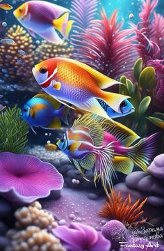 an underwater scene with colorful fish and corals