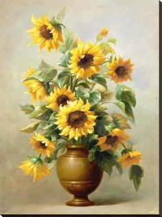 a painting of sunflowers in a gold vase