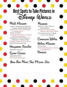 the best spots to take pictures in disney world is featured on this printable poster