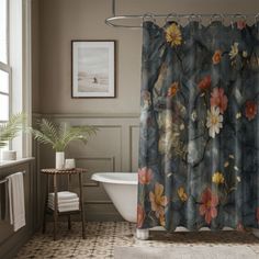 a bath room with a tub and a shower curtain