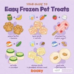 an illustrated guide to frozen pet treats for dogs, cats and kittens is shown