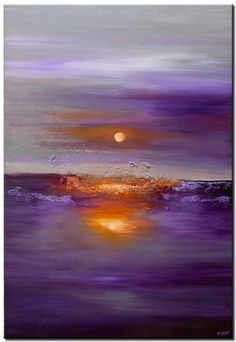 an abstract painting of the sun setting over water with purple and orange hues on it