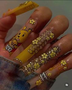 Winnie the pooh inspired nails Piglet Nails Winnie The Pooh, Fall Winnie The Pooh Nails, Fall Character Nails, Winnie The Pooh Nail Designs, Winnie Pooh Nails, Winnie The Pooh Nails Acrylic, Pooh Bear Nails, Eeyore Nails