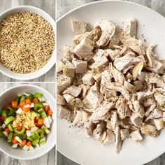 four pictures show different types of food including rice, chicken and carrots in bowls