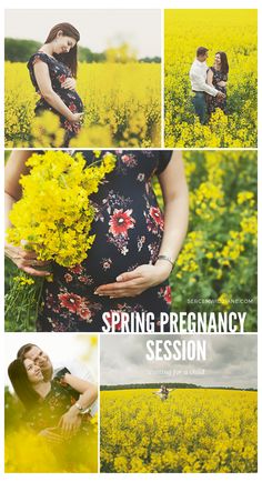 the pregnant woman is holding her baby bump while standing in a field with yellow flowers