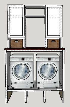 the front view of a washer and dryer in a cabinet with doors open