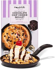 the chocolate chip cookie skillet is ready to be eaten with ice cream on top