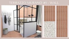 the bathroom is decorated in terrazzo murano 1 - wall tiles, and features an open shower