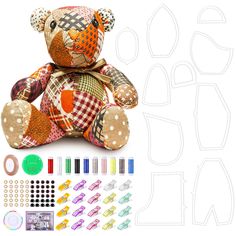 a teddy bear is sitting next to some sewing supplies