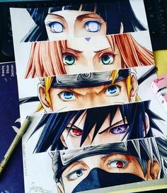 some anime characters are drawn on paper with colored pencils and marker pens in front of them