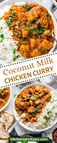 coconut milk chicken curry with rice and pita bread