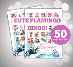 the front and back covers of cute flamingo game cards