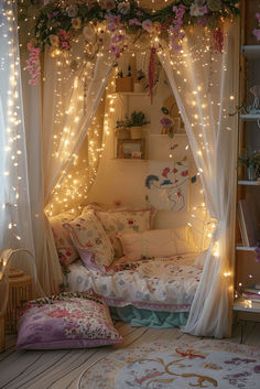 a bedroom with fairy lights hanging from the ceiling