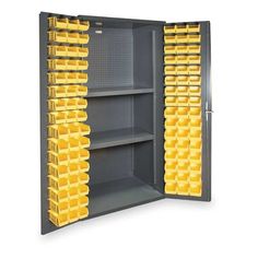 an open storage cabinet with yellow bins