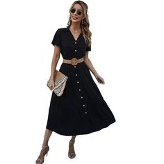 Black Button Short Sleeve Shirt Swing Dress Short Sleeve Maxi Dress With Buttons For Day Out, Casual Collared Maxi Dress With Buttons, Casual Buttoned Maxi Dress For Work, Black Button-up Maxi Dress For Summer, Chic Collared Maxi Dress With Buttons, Short Sleeve Maxi Dress With Buttons For Workwear, Collared Midi Dress With Buttons For Day Out, Casual Black Maxi Dress With Button Closure, Collared Maxi Dress With Buttons For Day Out