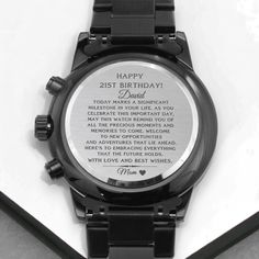 Personalized Engraved Watch for 21st Birthday - Unique Milestone Gift for Him From Mom, Best Friend Birthday Gift, Custom Engraved Watch A personalized gift that can withstand constant use, this Customizable Engraved Black Chronograph Watch is the perfect gift for all the special men in your life. A thoughtful groomsmen gift, an anniversary memento, or a long-lasting keepsake for Son's wedding Day - it's a versatile piece sure to warm hearts and create smiles. Featuring a three-dial face, calend Personalized Stainless Steel Watches For Anniversary, Watch Engraving Ideas, Engraved Watch, Mom Best Friend, Best Friend Birthday Gift, Friend Birthday Gift, Watch Engraving, Happy 21st Birthday, Groomsmen Gift