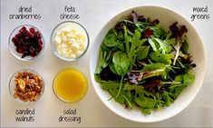 the ingredients to make a salad are shown in separate bowls and labeled on each side