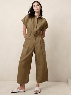 Linen-Blend Jumpsuit | Banana Republic Factory Linen Jumpsuits For Women, Stylish Jumpsuit Fashion, Professional Jumpsuit, Jumpsuit Fall Outfit, Dream Teacher, Banana Republic Outfits, Workwear Jumpsuit, Plus Size Women Fashion, Tan Jumpsuit