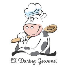 the dairy gourmet logo with a cartoon cow holding a rolling board and wearing a chef's hat