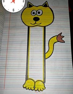 a drawing of a yellow cat on lined paper with a clock in the back ground