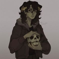 a drawing of a person holding a skull in their hands and looking at the camera