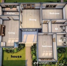 an aerial view of a house with all the rooms labeled