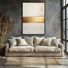 a living room scene with focus on the couch and large painting hanging above it's head