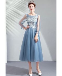 Buy Pretty Dusty Blue Tea Length Party Dress With Long Sleeves Lace at wholesale price online. Free shipping and pro custom service since 2009. Light Blue Knee-length Dress For Banquet, Blue Long Sleeve Dress For Prom Season, Blue A-line Evening Dress For Spring, Blue Spring Banquet Dress, Light Blue Knee-length Dress For Banquets, Blue Midi Dress For Winter Party, Blue Summer Evening Dress For Banquet, Light Blue Long Sleeve Dress For Prom, Light Blue Midi Dress For Winter