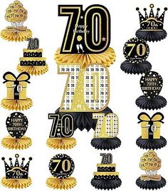 70th birthday decorations with black and gold ribbons, bows, and crowns on white background