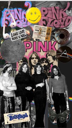 the pink floyd band collaged together in black and white, with different colored images