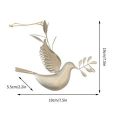 a metal bird with an olive branch on it's body and measurements for the size