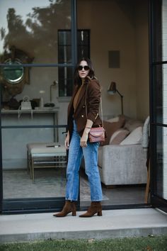 Brown Blazer Blue Jeans Outfit Styling Brown Blazer Women, Mocha Blazer Outfit, Dark Brown Blazer Outfits For Women, Denim And Brown Outfit, Chocolate Brown Blazer Outfit, Brown Velvet Blazer Outfit, Brown Blazer Outfits For Women, Brown Leather Blazer Outfit, Dark Brown Blazer Outfit