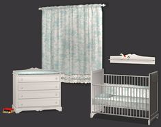 a baby crib, dresser and changing table in a room with black wallpaper