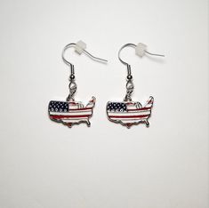 A fun pair of earrings made using American Flag, USA shaped charms. Each pair comes with 2 earring backs. Fun Silver Metal Jewelry, Fun Nickel-free Metal Jewelry, Novelty Sterling Silver Nickel-free Earrings, Fun Nickel Free Drop Earrings, Nickel Free Novelty Sterling Silver Earrings, Nickel-free Sterling Silver Novelty Earrings, Nickel Free Sterling Silver Novelty Earrings, Nickel-free Novelty Drop Earrings, Novelty Drop Earrings