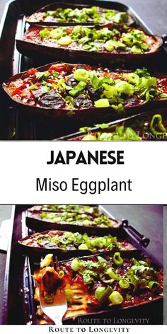 japanese miso eggplant recipe in three pans with the title above it