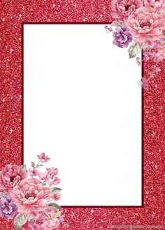 a red glitter frame with pink flowers on it