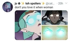 an image of two people with glowing eyes and the caption that says, i don't love it when woman is watching cartoons