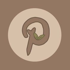 the letter p is made up of leaves and has a brown background with a white circle