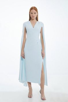 Viscose Satin Back Crepe Tailored V Neck Maxi Cape Dress | Karen Millen Silk Cape With Cape Sleeves For Formal Occasions, Elegant Silk Cape For Formal Occasions, Formal Spring Midi Dress With Cape Sleeves, Long Sleeve Spring Cape For Evening, Long Sleeve Cape For Spring Evening, Spring Long Sleeve Cape For Evening, Spring Evening Long Sleeve Cape, Spring Evening Cape With Long Sleeves, Satin Dress With Draped Cape Sleeves