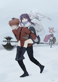 two anime characters are walking in the snow